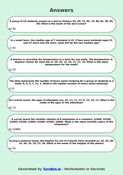 Year 8 Maths Multiple Choice Worksheet – Mean Median and Mode in Context