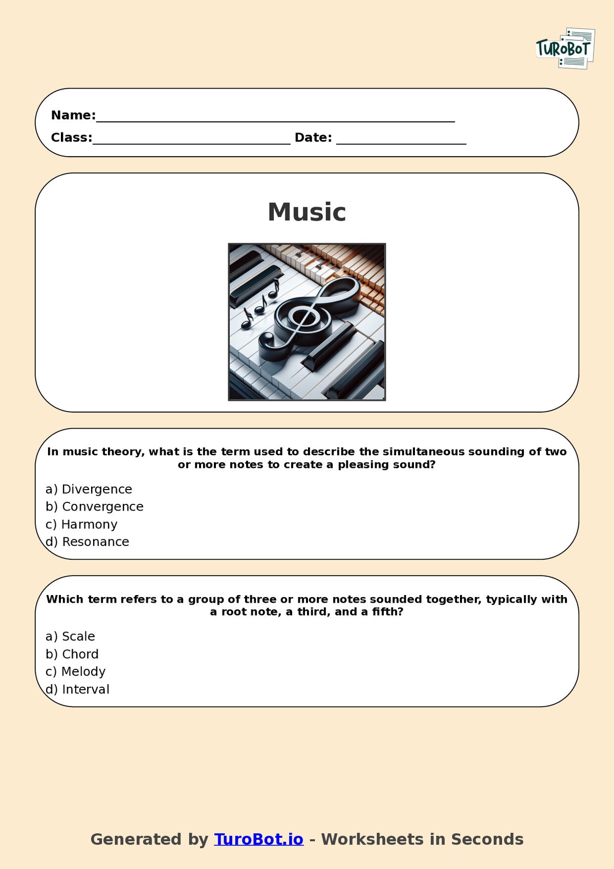 Year 10 Music Multiple Choice Worksheet – Harmony and Chords Basics