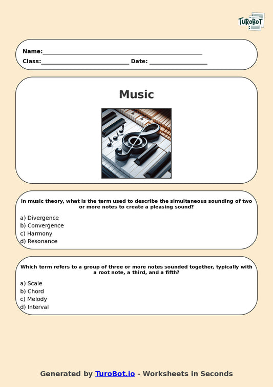 Year 10 Music Multiple Choice Worksheet – Harmony and Chords Basics