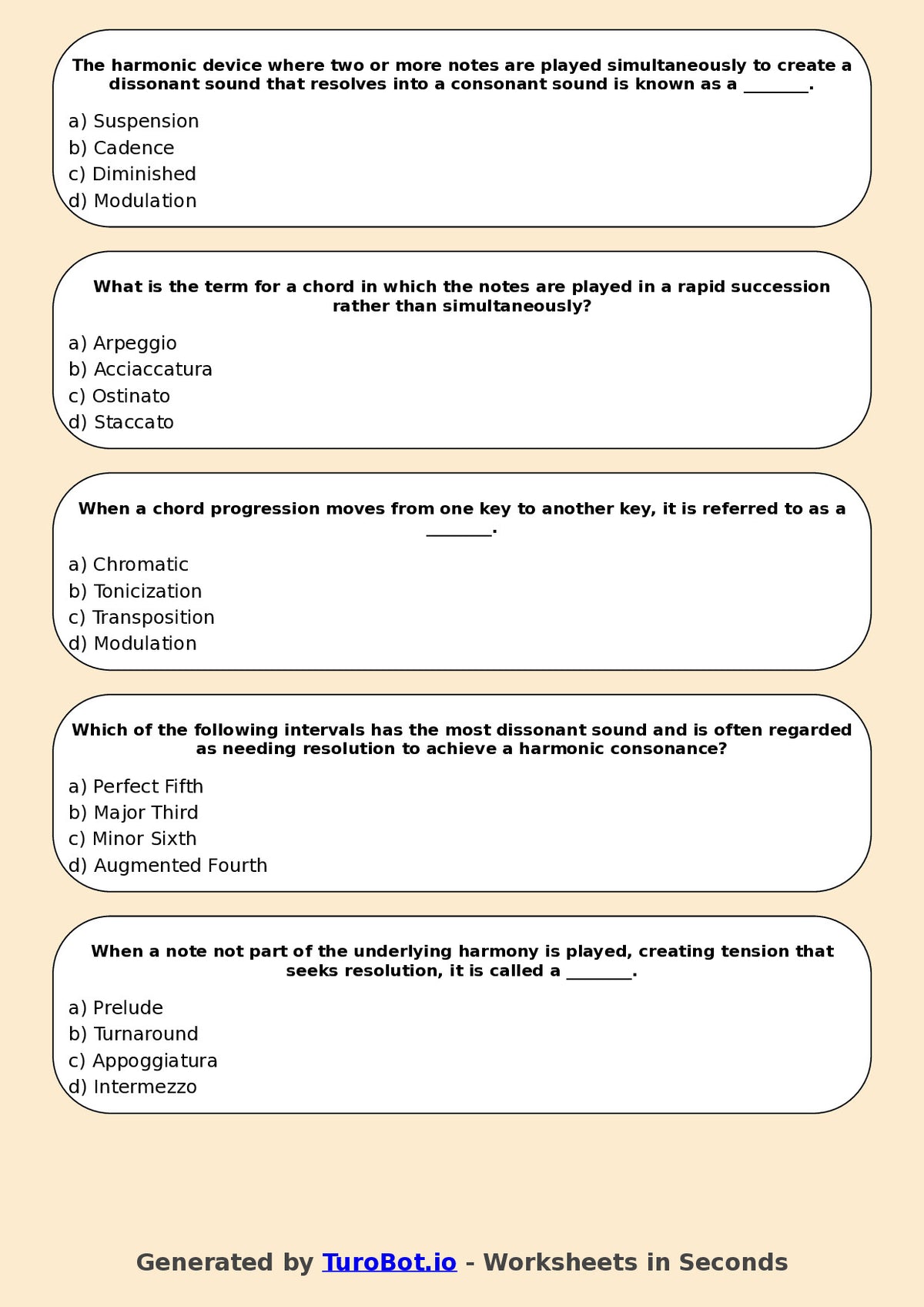 Year 10 Music Multiple Choice Worksheet – Harmony and Chords Basics