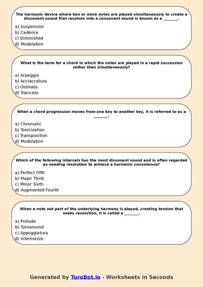 Year 10 Music Multiple Choice Worksheet – Harmony and Chords Basics