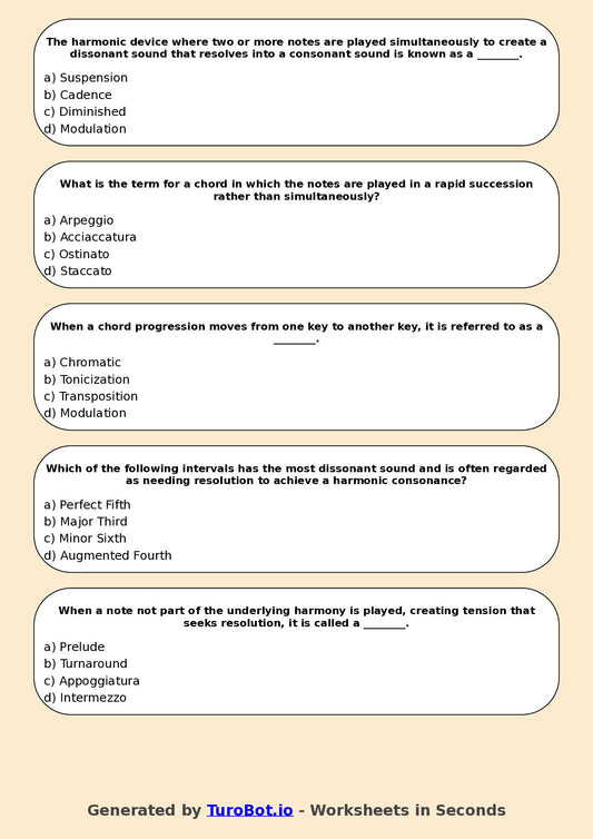 Year 10 Music Multiple Choice Worksheet – Harmony and Chords Basics
