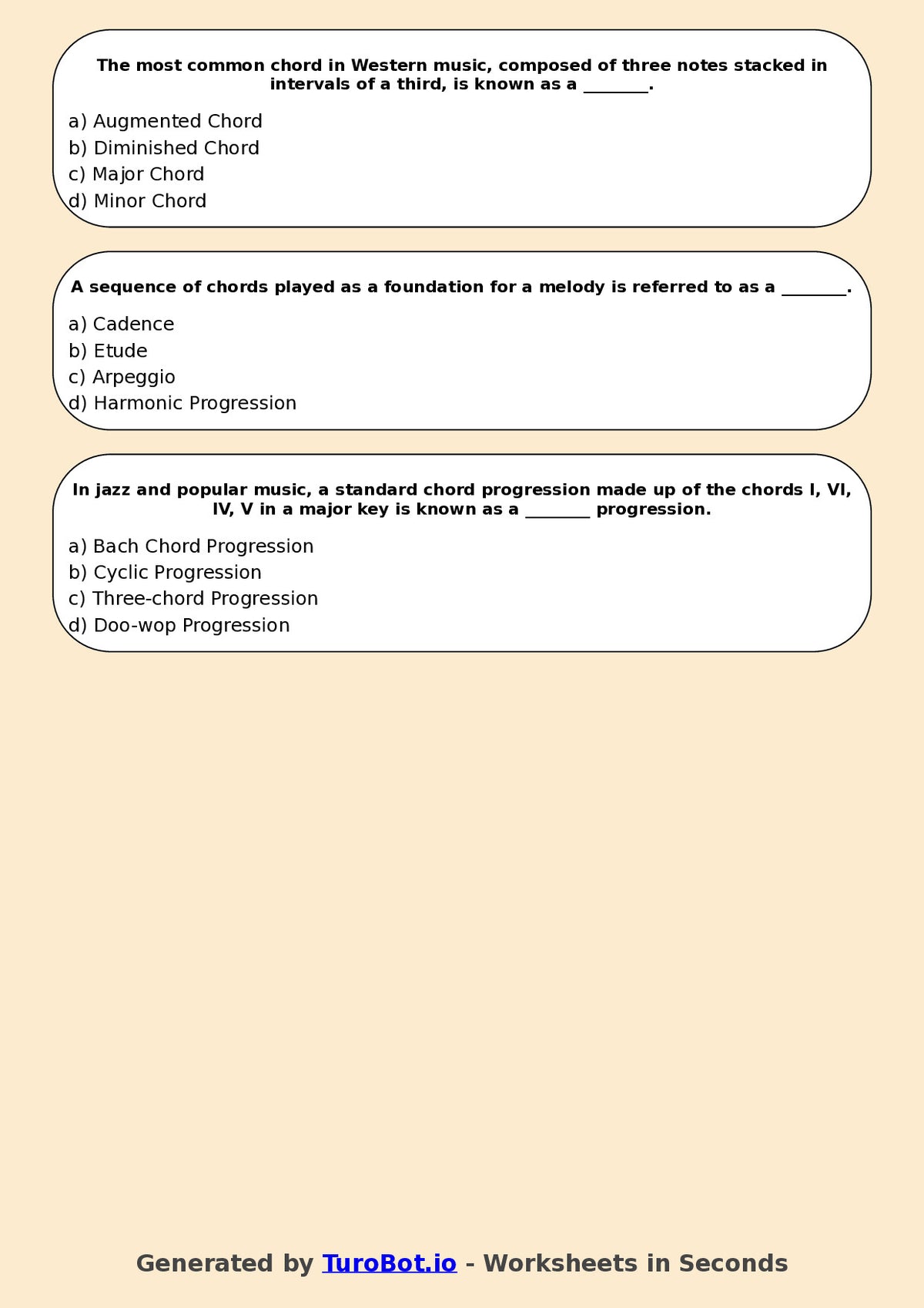Year 10 Music Multiple Choice Worksheet – Harmony and Chords Basics