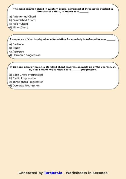 Year 10 Music Multiple Choice Worksheet – Harmony and Chords Basics