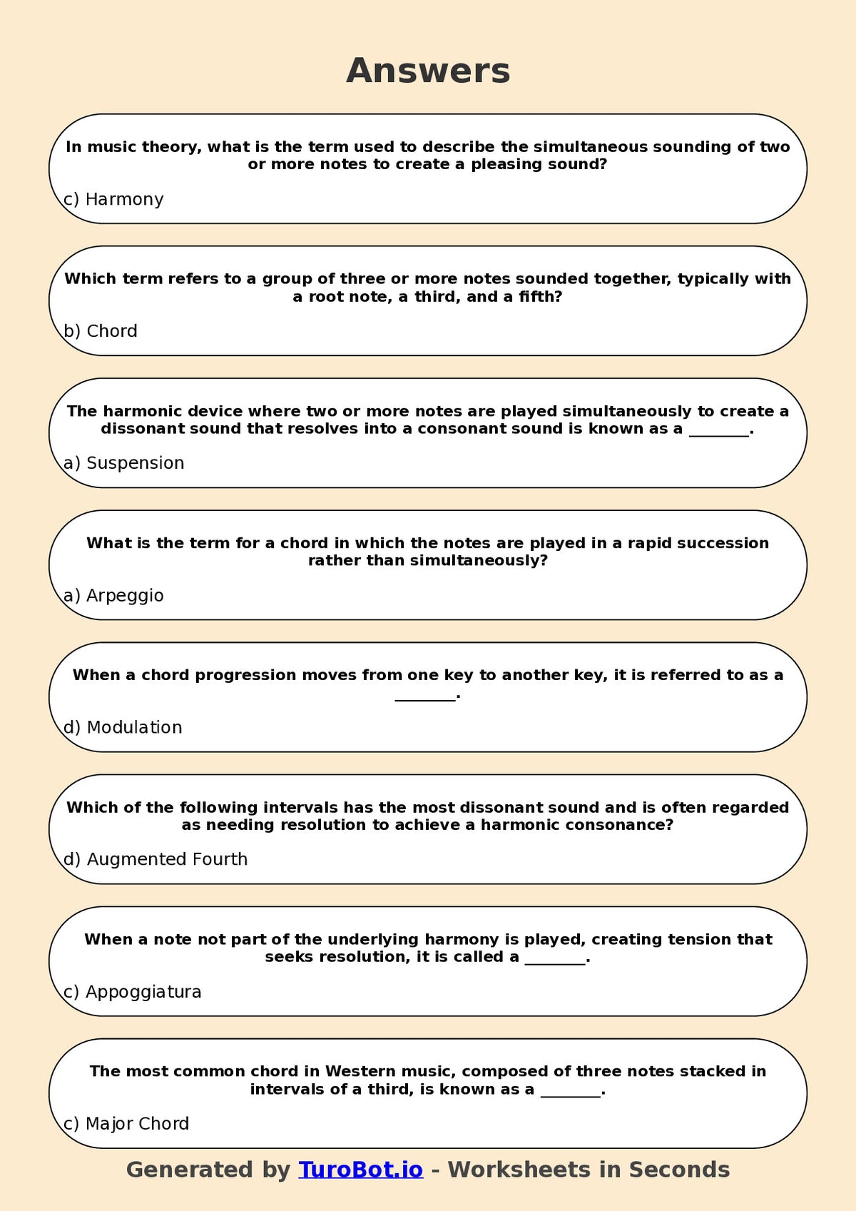 Year 10 Music Multiple Choice Worksheet – Harmony and Chords Basics