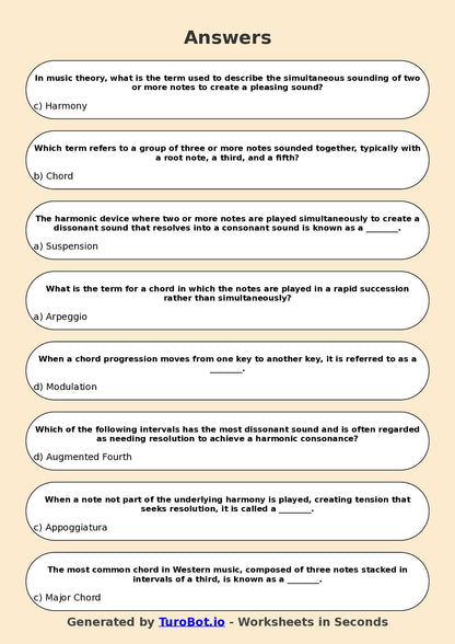 Year 10 Music Multiple Choice Worksheet – Harmony and Chords Basics