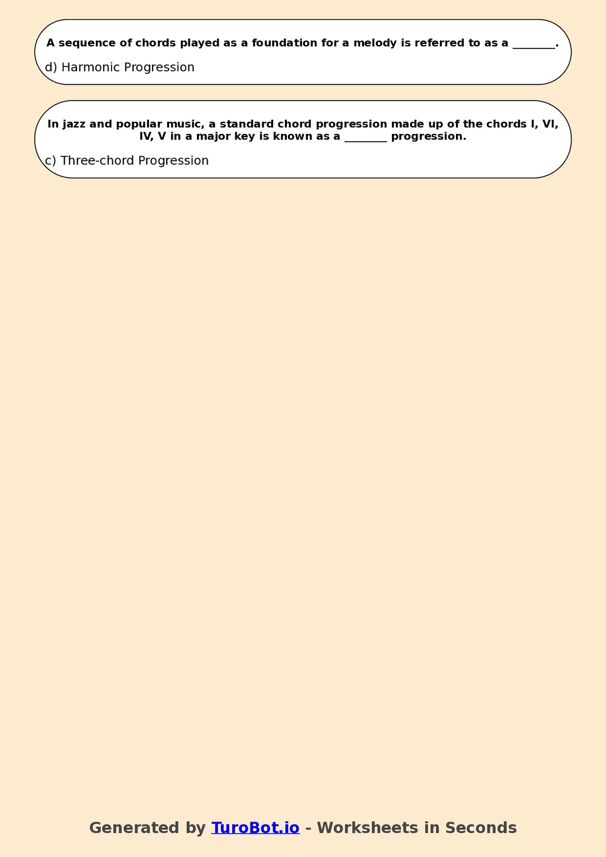 Year 10 Music Multiple Choice Worksheet – Harmony and Chords Basics