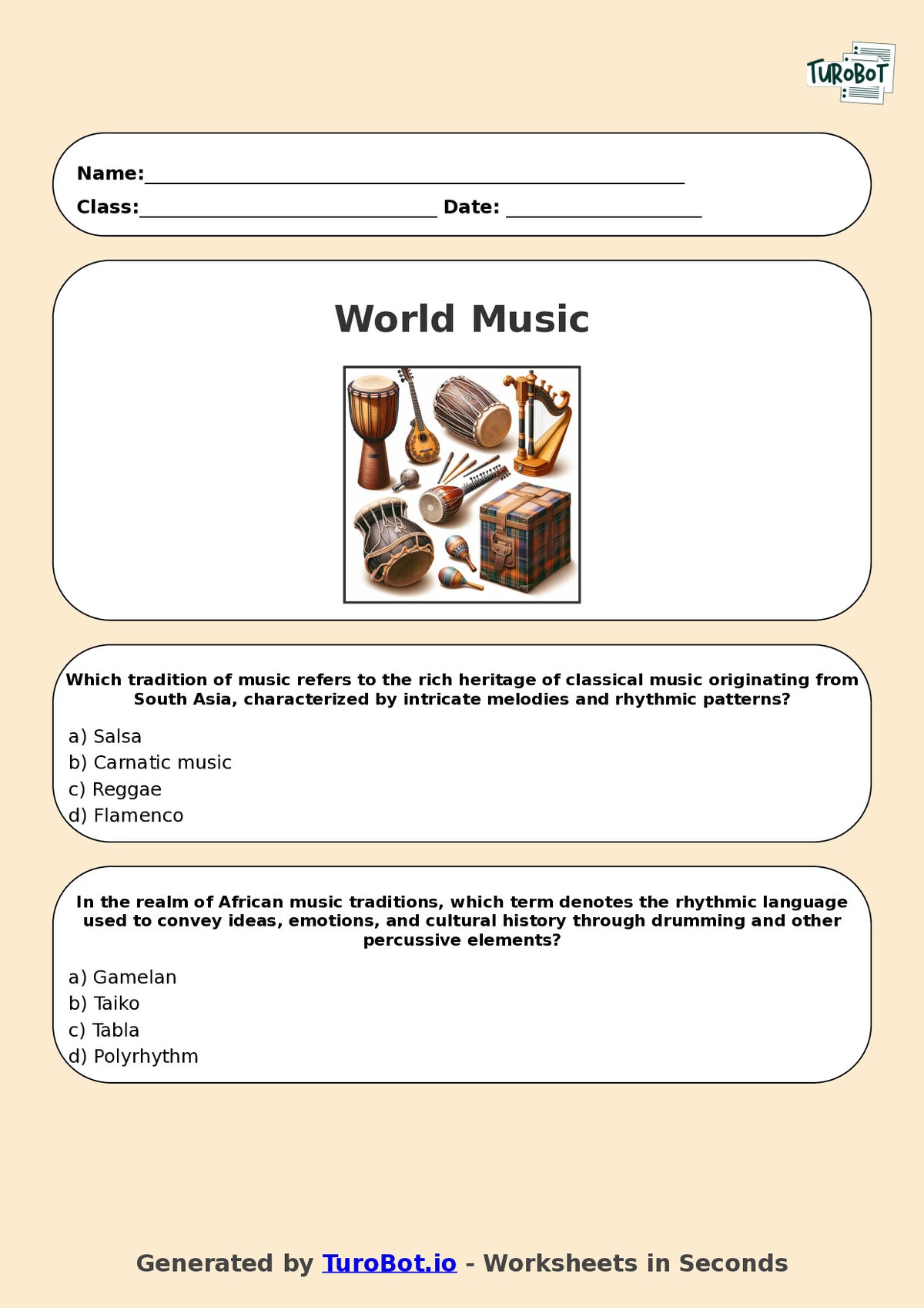 Year 12 Music Multiple Choice Worksheet – World Music Traditions