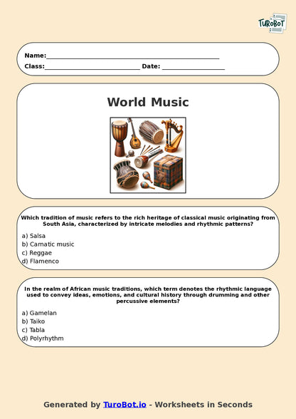 Year 12 Music Multiple Choice Worksheet – World Music Traditions