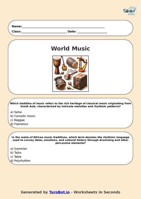 Year 12 Music Multiple Choice Worksheet – World Music Traditions