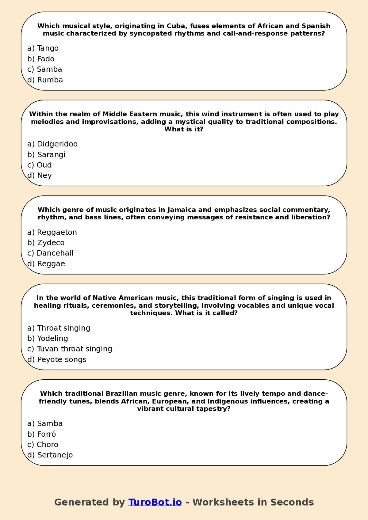 Year 12 Music Multiple Choice Worksheet – World Music Traditions