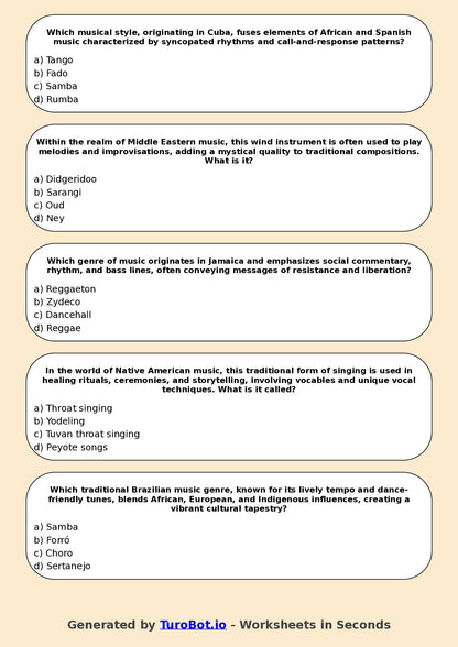 Year 12 Music Multiple Choice Worksheet – World Music Traditions
