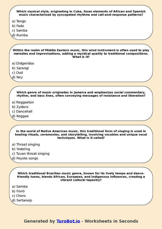 Year 12 Music Multiple Choice Worksheet – World Music Traditions
