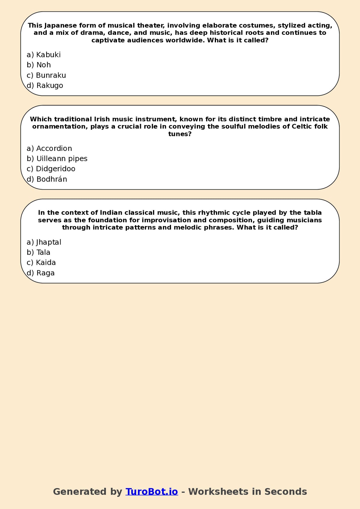Year 12 Music Multiple Choice Worksheet – World Music Traditions