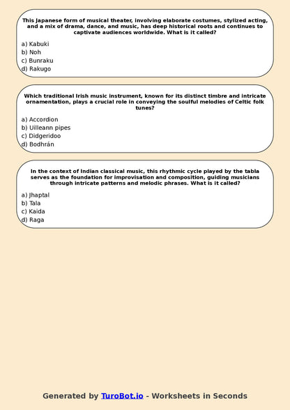 Year 12 Music Multiple Choice Worksheet – World Music Traditions