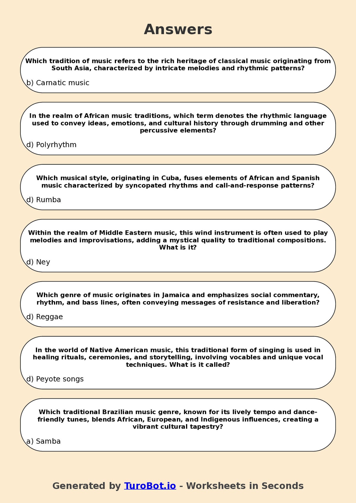 Year 12 Music Multiple Choice Worksheet – World Music Traditions