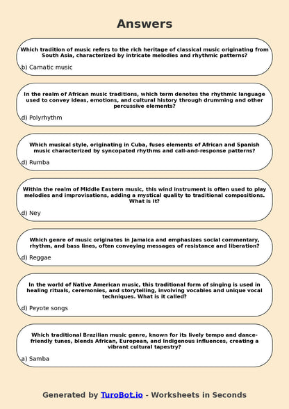 Year 12 Music Multiple Choice Worksheet – World Music Traditions