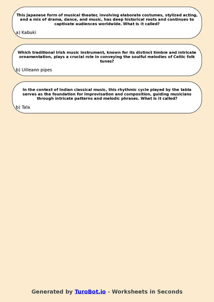 Year 12 Music Multiple Choice Worksheet – World Music Traditions