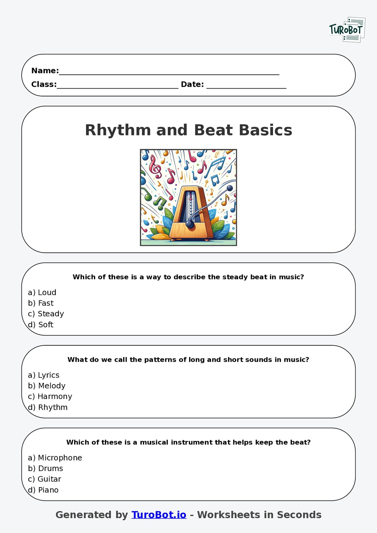 Year 4 Music Multiple Choice Worksheet – Rhythm and Beat Basics