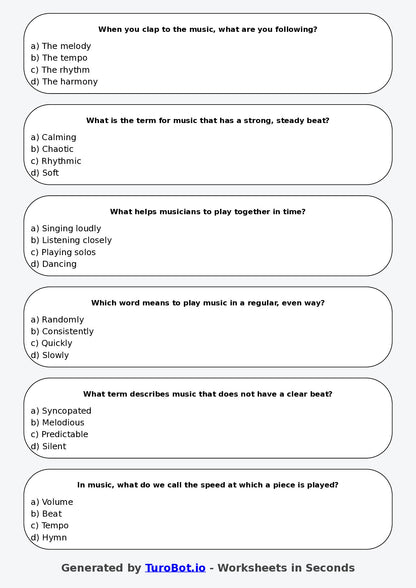 Year 4 Music Multiple Choice Worksheet – Rhythm and Beat Basics