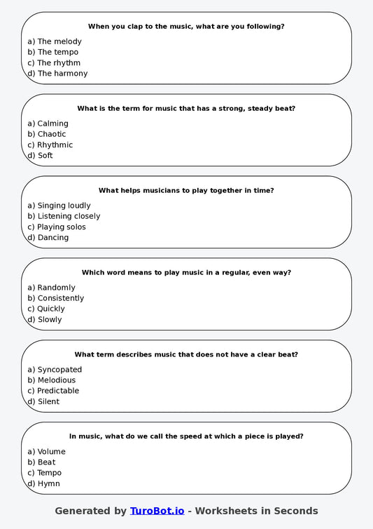 Year 4 Music Multiple Choice Worksheet – Rhythm and Beat Basics