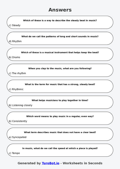 Year 4 Music Multiple Choice Worksheet – Rhythm and Beat Basics