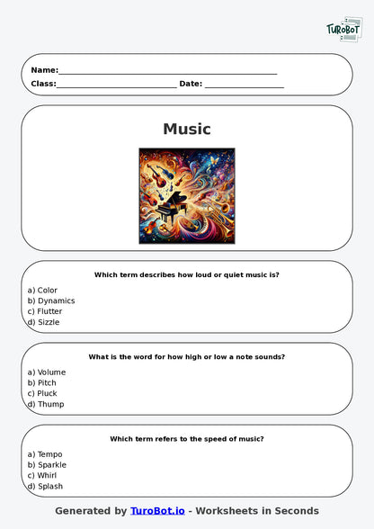 Year 5 Music Multiple Choice Worksheet – Tempo, Pitch, and Dynamics