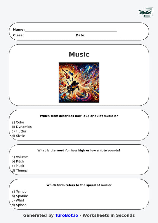 Year 5 Music Multiple Choice Worksheet – Tempo, Pitch, and Dynamics