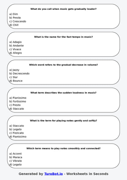 Year 5 Music Multiple Choice Worksheet – Tempo, Pitch, and Dynamics