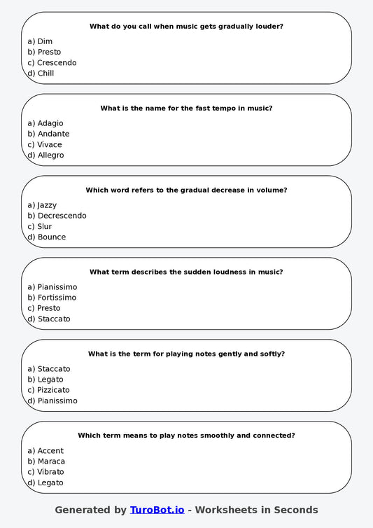 Year 5 Music Multiple Choice Worksheet – Tempo, Pitch, and Dynamics