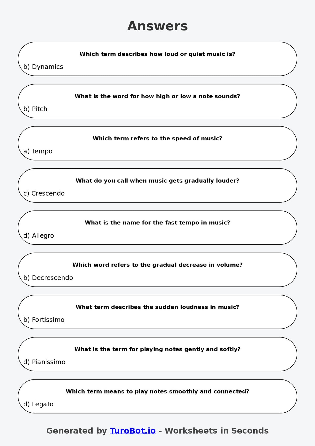 Year 5 Music Multiple Choice Worksheet – Tempo, Pitch, and Dynamics