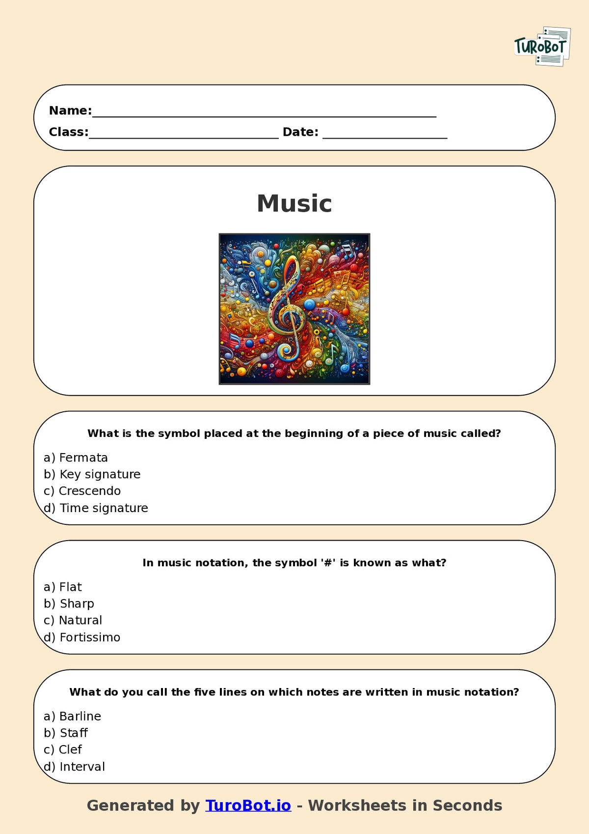 Year 6 Music Multiple Choice Worksheet – Reading Simple Music Notation