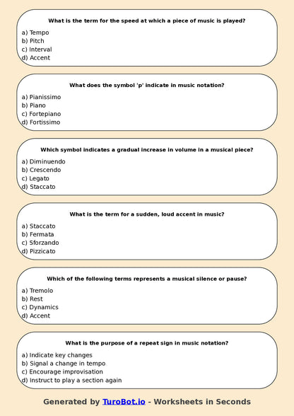 Year 6 Music Multiple Choice Worksheet – Reading Simple Music Notation