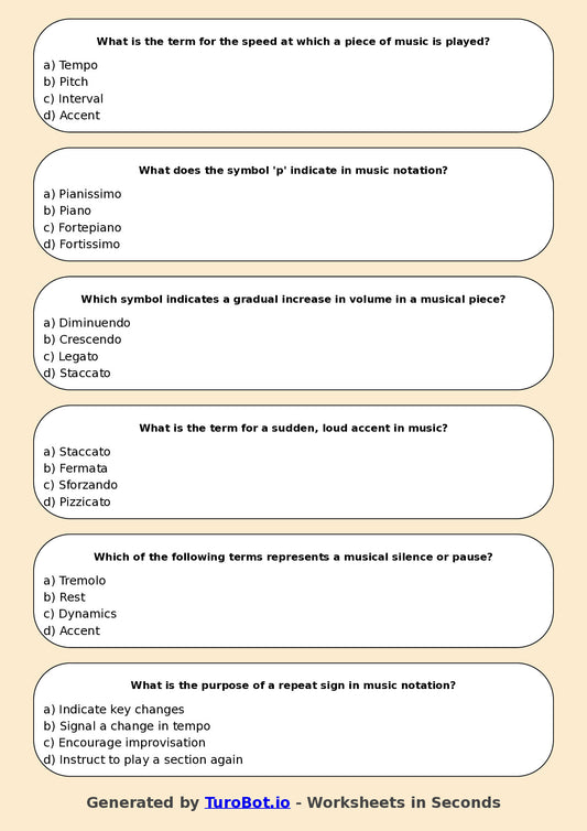 Year 6 Music Multiple Choice Worksheet – Reading Simple Music Notation