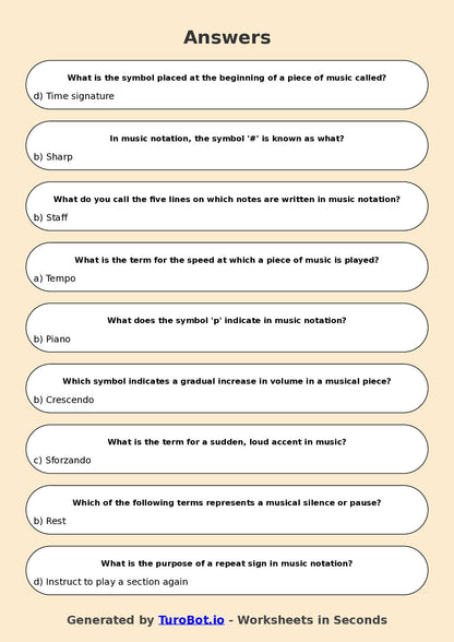 Year 6 Music Multiple Choice Worksheet – Reading Simple Music Notation