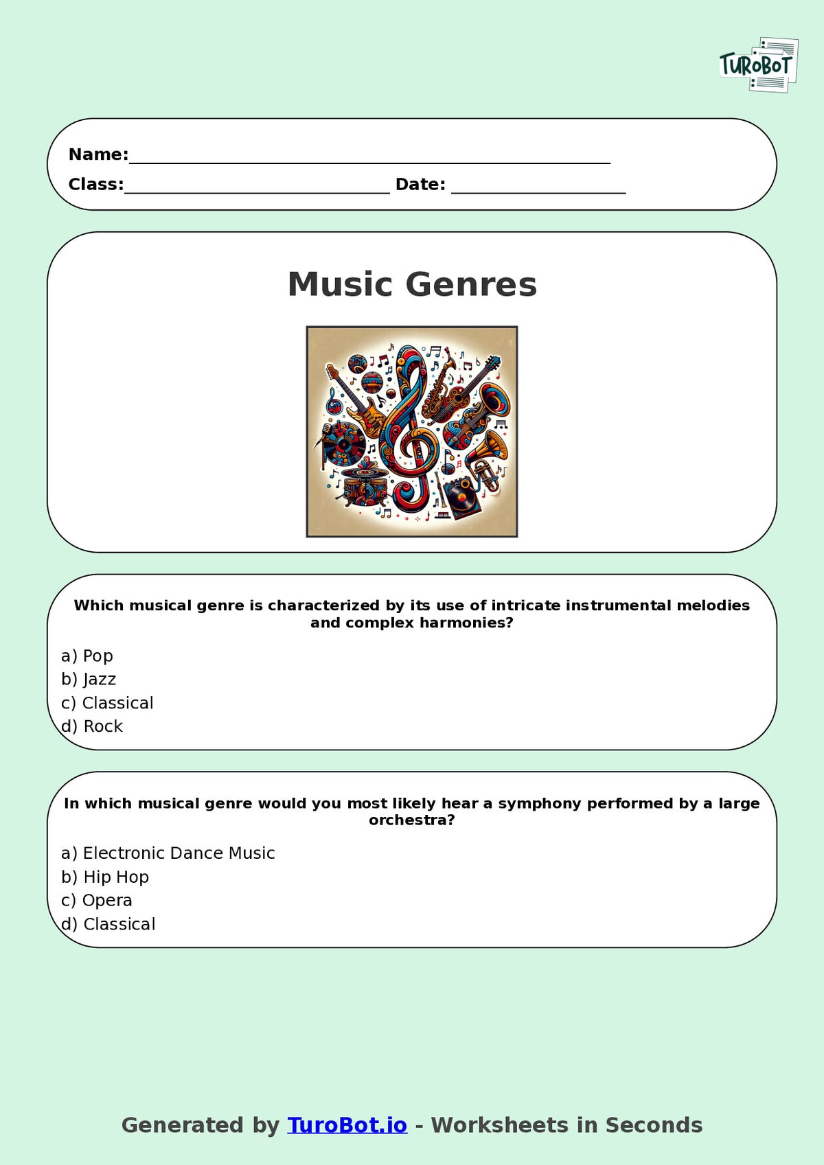 Year 7 Music Multiple Choice Worksheet – Musical Genres