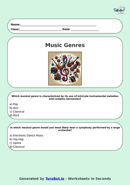 Year 7 Music Multiple Choice Worksheet – Musical Genres
