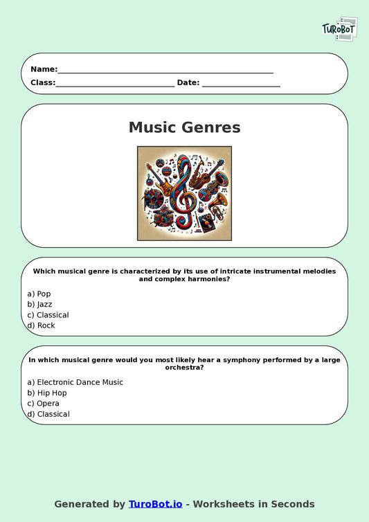 Year 7 Music Multiple Choice Worksheet – Musical Genres