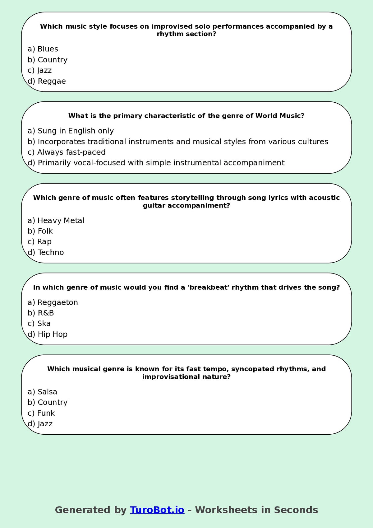 Year 7 Music Multiple Choice Worksheet – Musical Genres