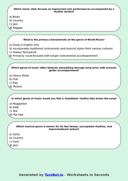 Year 7 Music Multiple Choice Worksheet – Musical Genres
