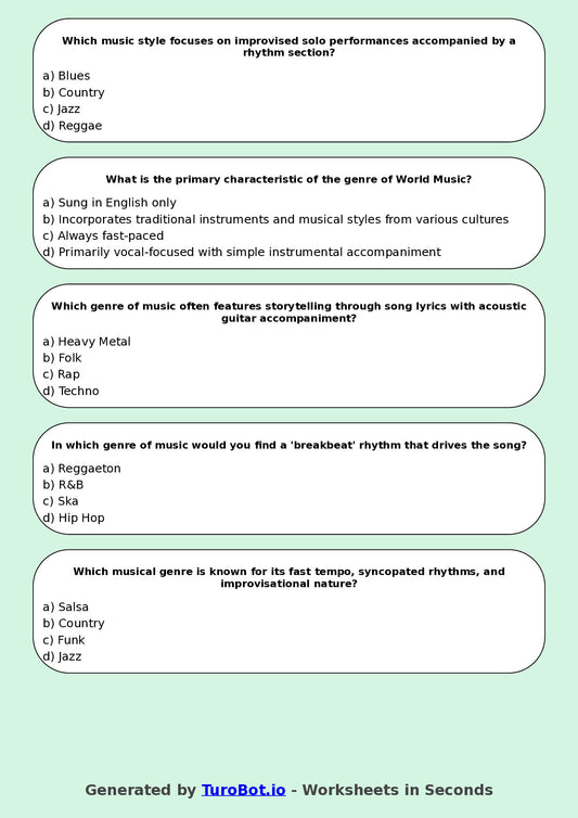 Year 7 Music Multiple Choice Worksheet – Musical Genres
