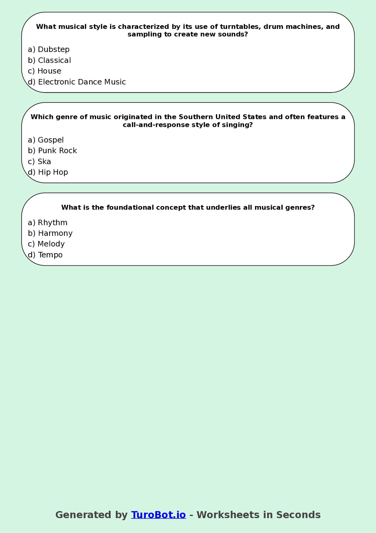 Year 7 Music Multiple Choice Worksheet – Musical Genres