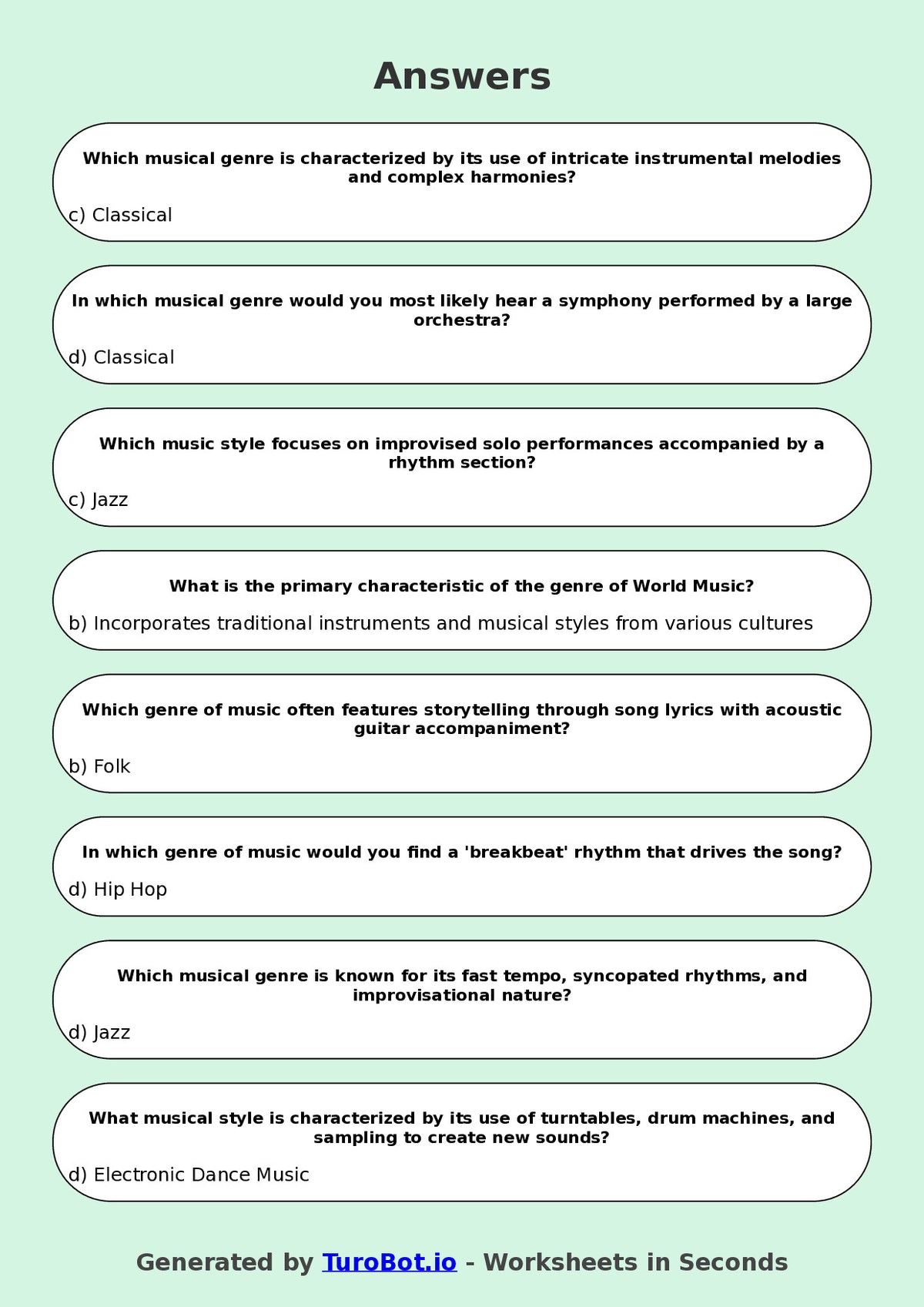 Year 7 Music Multiple Choice Worksheet – Musical Genres