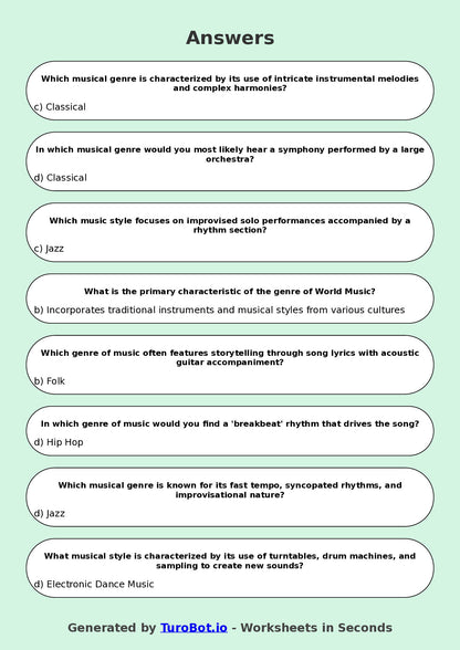 Year 7 Music Multiple Choice Worksheet – Musical Genres