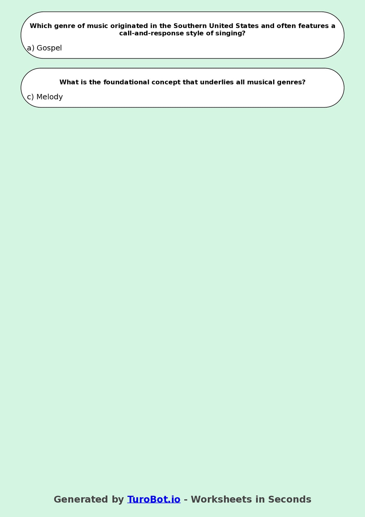 Year 7 Music Multiple Choice Worksheet – Musical Genres