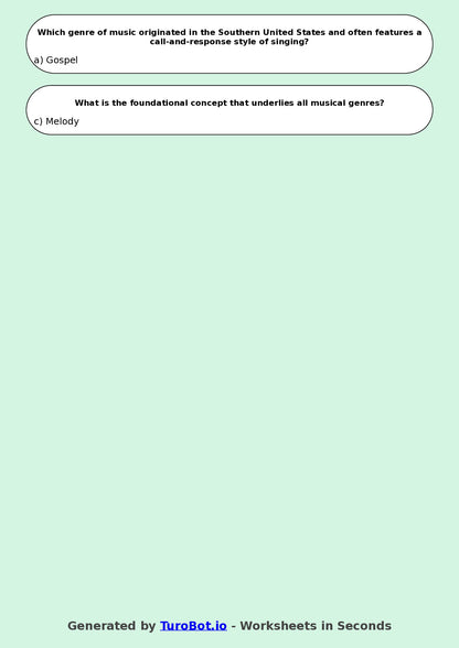 Year 7 Music Multiple Choice Worksheet – Musical Genres