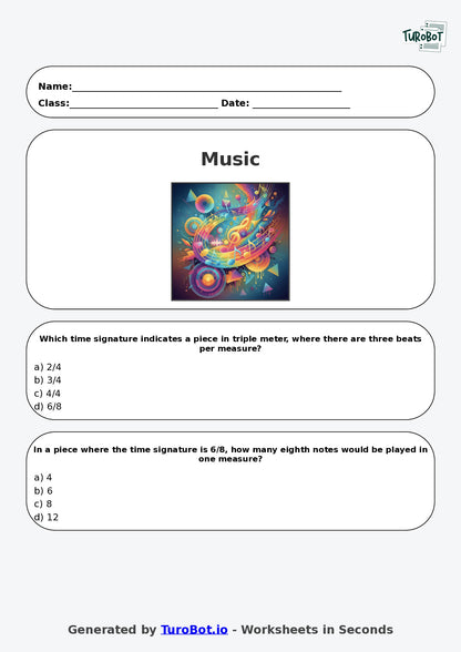 Year 7 Music Multiple Choice Worksheet – Rhythm Duration and Time Signatures