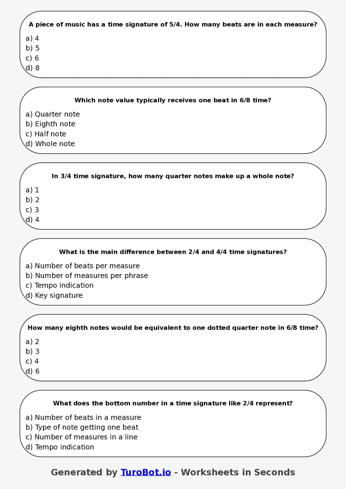 Year 7 Music Multiple Choice Worksheet – Rhythm Duration and Time Signatures