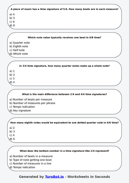Year 7 Music Multiple Choice Worksheet – Rhythm Duration and Time Signatures
