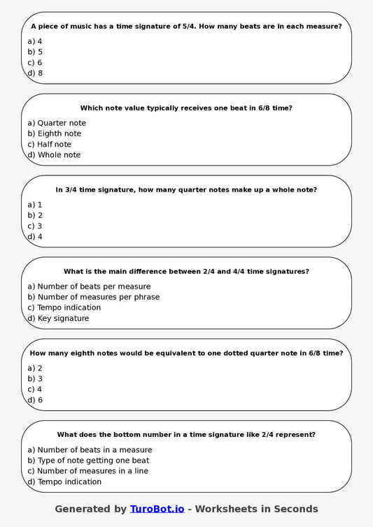 Year 7 Music Multiple Choice Worksheet – Rhythm Duration and Time Signatures